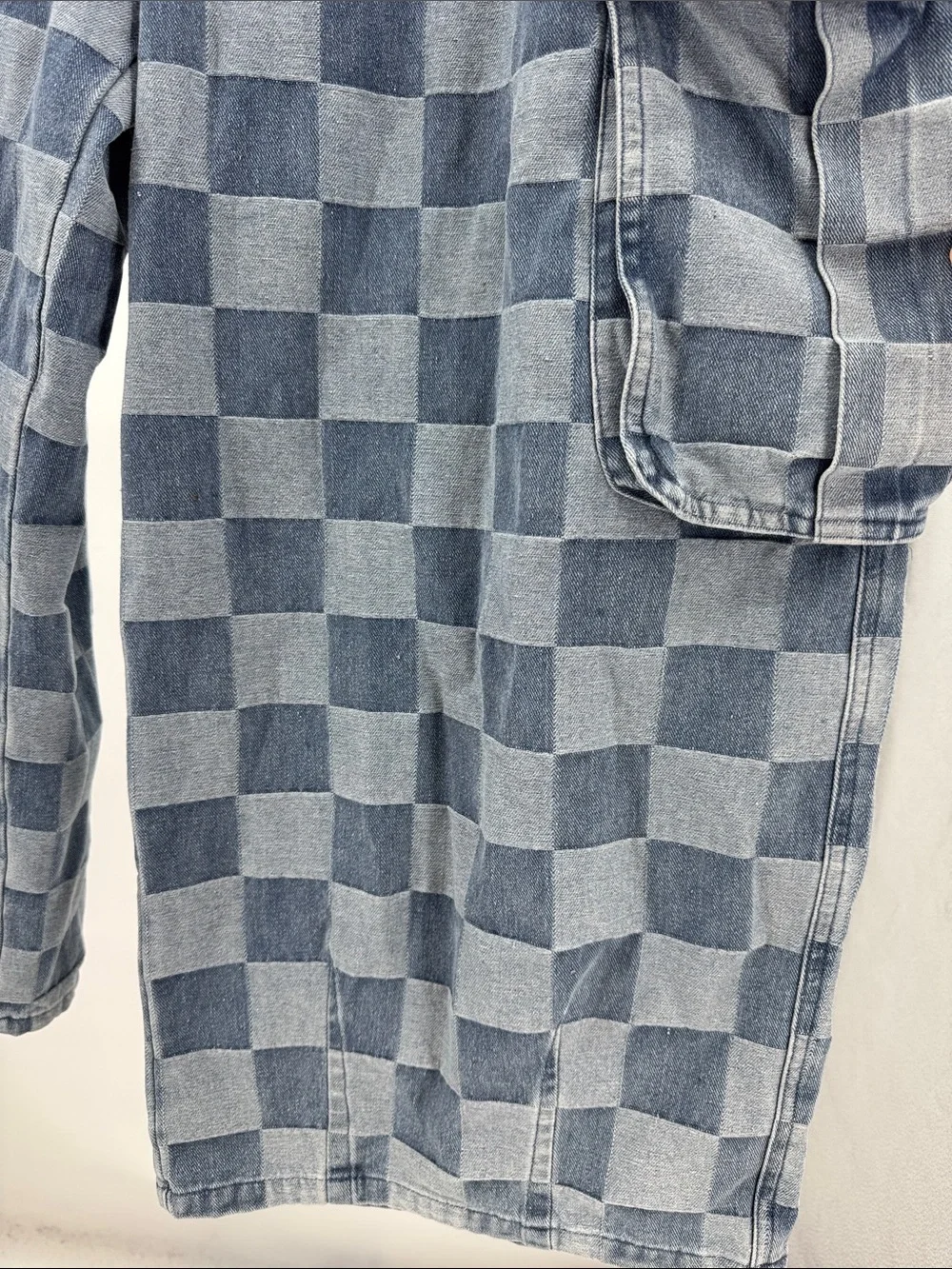 Bibi Checkerboard Denim Cargo wide leg barrel Jeans Pants Two-Tone Blue XL denim - Picture 8 of 11
